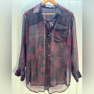 Genuine Silk Equipment Sheer Black and Burgundy Blouse